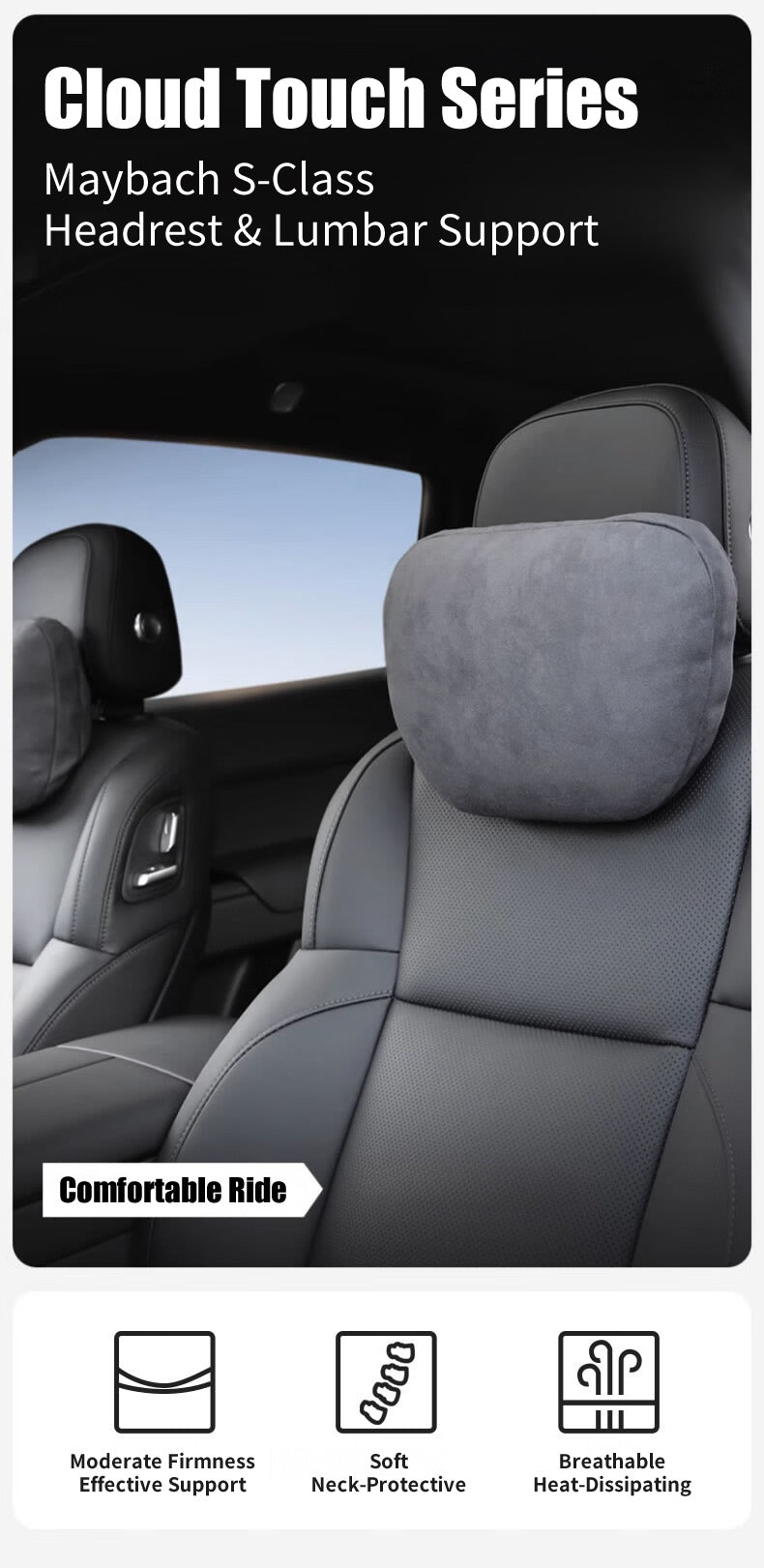 Car Headrest + Lumbar Support Set, 100% DuPont Bio-Fleece Filling