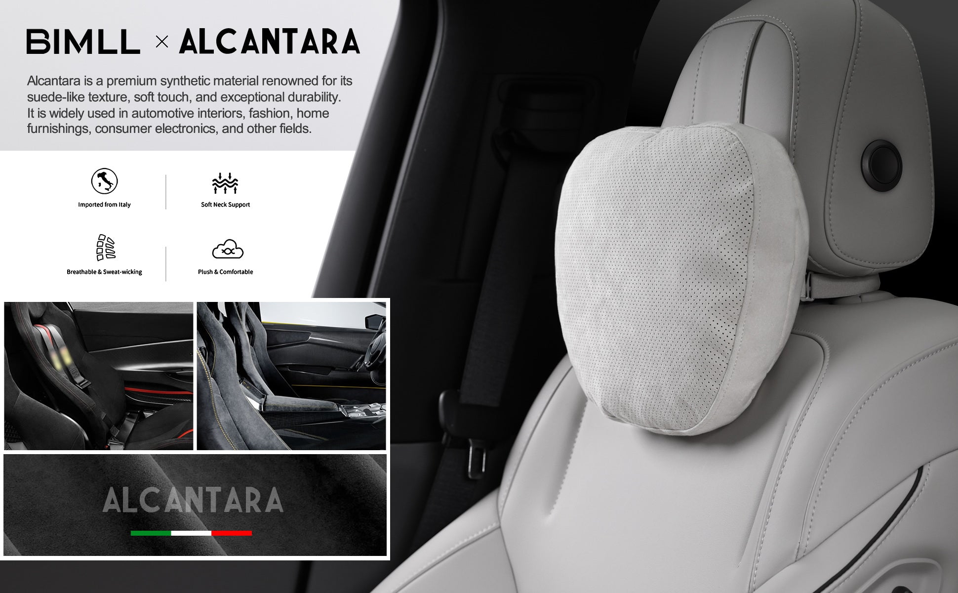 BIMLL Black Alcantara® Car Headrest & Lumbar Support Set